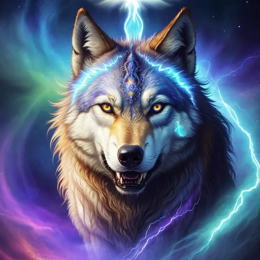 Prompt: insanely beautiful (wolf), ancient, celestial guardian, quadrupedal canine, growling, glaring, global illumination, psychedelic colors, illusion, finely detailed, calm, detailed face, beautiful detailed eyes, beautiful defined detailed legs, beautiful detailed shading, masterpiece, professional oil painting, epic digital art, best quality, slender, highly detailed body, (lightning halo), tilted halo, {body crackling with lightning}, billowing wild fur, dense billowing mane, lilac magic fur highlights, majestic wolf queen, magic jewels on forehead, lightning blue eyes, flaming eyes, ice elements, {auroras} fill the sky, {ice storm}, crackling lightning, (lightning halo), tilted halo, corona behind head, highly detailed pastel clouds, lightning charged atmosphere, full body focus, presenting magical jewel, beautifully detailed background, cinematic, Yuino Chiri, Anne stokes, Kentaro Miura, 64K, UHD, intricate detail, high quality, high detail, golden ratio, symmetric, masterpiece, intricate facial detail, high quality, detailed face, intricate quality, intricate eye detail, highly detailed, high resolution scan, intricate detailed, highly detailed face, very detailed, high resolution, medium close up, close up