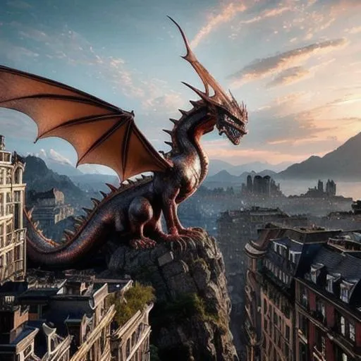 Prompt: ((A full-grown copper dragon perched on a crag above the rooftops of a city, trending by artstation)), photorealistic 64k resolution, HDR, epic, expansive, brilliant, stunning, hyperdetailedphotorealistic , ultra detailed, hyperrealistic, surreal, matte painting, unreal engine 5, UHD, first player sight

