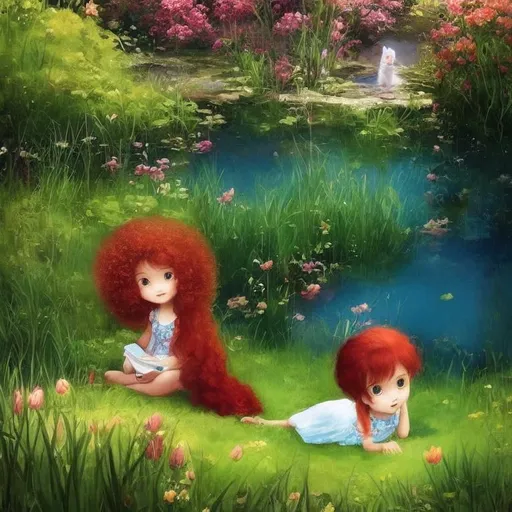 Prompt:  A very cute young girl, curly gradient red hair,  sitting in a garden next to a pond with her feet inside it's crystal clear waters. Her cute fluffly cat is right by her side resting its head on her shoulder. Spring time.  Art the style by Duy Huyn, Esao Andrews, Catrin Welz-Stein, Susan Rios and laura Diehl. Highly detailed, Best quality, intricate details, iridescent water Reflex. 