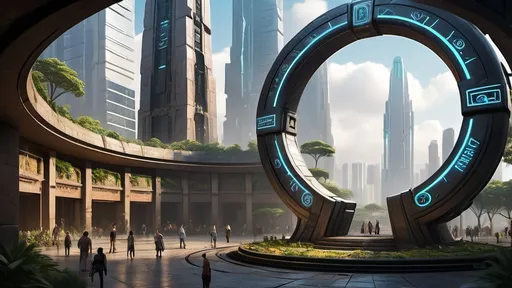Prompt: magical portal between cities realms worlds kingdoms, circular portal, ring standing on edge, upright ring, freestanding ring, hieroglyphs on ring, complete ring, ancient inca architecture, gardens, hotels, office buildings, shopping malls, large wide-open city plaza, turned sideways view, futuristic cyberpunk tech-noir setting