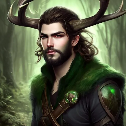 Prompt: beautiful man with deer antlers, short beard, high fantasy, green eyes, digital art