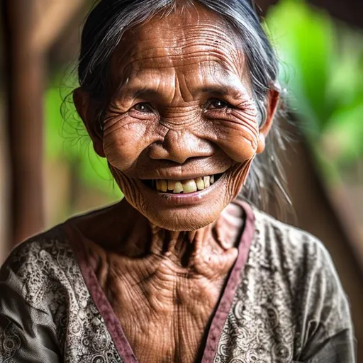 Prompt: old javanese woman with mysterious smile. eyes reveal deep serenity. his teeth are white
