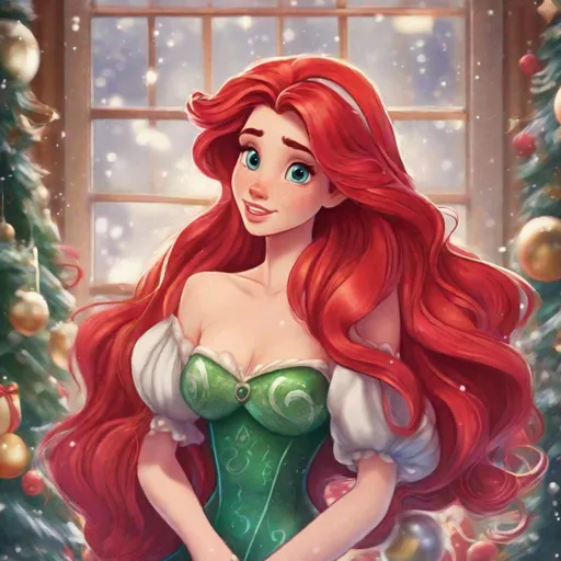 Prompt: Vivid, detailed, Disney art style, full body, Ariel Disney Princess, Hair part on left side, full body, cute, Christmas
