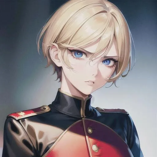 Prompt: (masterpiece, illustration, best quality:1.2), portrait, angry expression, mature look, eye bags under eyes, black eyelashes, short pixie style hair, blonde hair, blue eyes, all red German soldier uniform, best quality face, best quality, best quality skin, best quality eyes, best quality lips, ultra-detailed eyes, ultra-detailed hair, ultra-detailed, illustration, colorful, soft glow, 1 girl