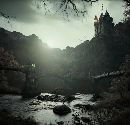 Prompt: death,landscape,scream,dark,black,fantasy,river with mountain,lost,forest,castle,bridge