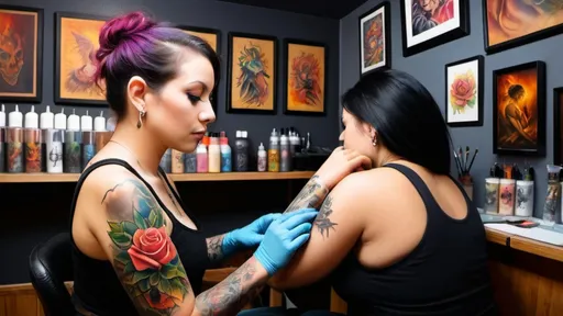 Prompt: Fantasia tattoo studio interior, realistic oil painting, vibrant and colorful, intricate tattoo designs on display, skilled tattoo artists at work, warm and inviting ambiance, high quality, realistic, vibrant colors, detailed tattoo art, professional, atmospheric lighting sitting in tattoo clients on woman working tattoo artist tattoo bet 