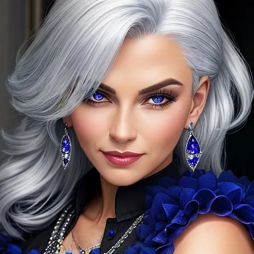 Prompt: A woman with silver hair, wearing sapphire jewelry 