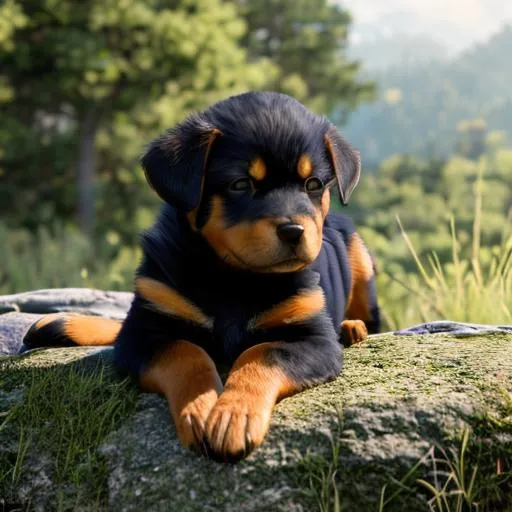 Prompt: Makoto shinkai anime style, vivid colours, HDR, Rottweiler puppy, sleeping,