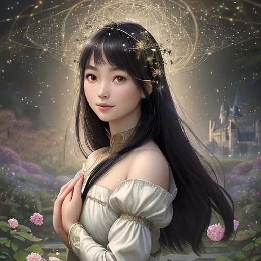 Prompt: Zoom in Portrait Very beautiful girl with asian features surrounded by many floating orbs of pale light (Masterpiece), gentle eyes and smile, gentle sparks of light, black hair, (Masterpiece), in a beautiful garden at night,  very beautiful girl, fantasy, beautiful dancing pose, medieval castle in the background, realistic flowers and plants,, constellation-like design Dress, in forest lovely dark hair, cinematic light, beautiful girl, beautiful eyes, long hair, perfect anatomy, very pretty, princess eyes, fantastic, stylised animation, bioluminescent, life size, 32K resolution, human hands, mysterious shape, graceful, almost perfect, dynamic angles, highly detailed, figure sheet, concept Art, smooth, symmetrical, balanced placement, fashion pose, 20s beauty, great hair, overhead space