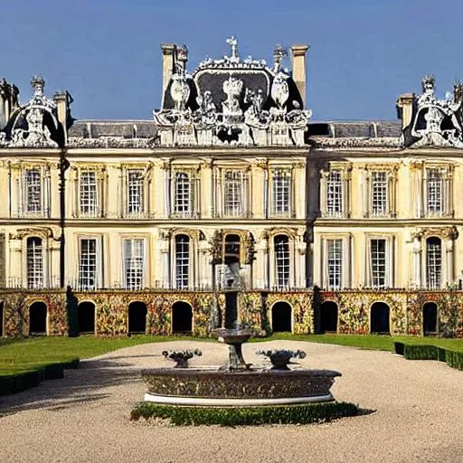 Prompt: baroque facade of an aristocratic chateau near paris in the late 17th century