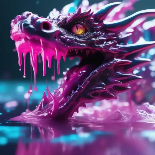 Prompt: (ultra high quality) ((macro photography)) dragon in the style of dripping paint, glass frame, colorful glass, splash art, pouring fluid, reflective ground, puddle, detailed glass bokeh background,  clear focus eye, masterpiece, dark white and light magenta, light cyan and light amber, (High quality, Highly detailed, 8K UHD), haze light, production cinematic render