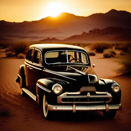 Prompt: Vintage desert photo Sian ditella old car, golden hours 