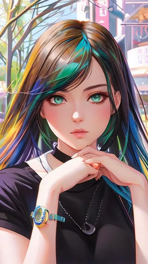 Prompt: illustration art, front, modern fashion, epic Instagram, artstation, hyperdetailed, unreal engine, modern anime anime style, complementary colors, 8k, deviantart masterpiece, oil painting, heavy strokes, young girl, blue hair, green pearl eyes, crossing her arms, T-shirt, tight sleeve shirt