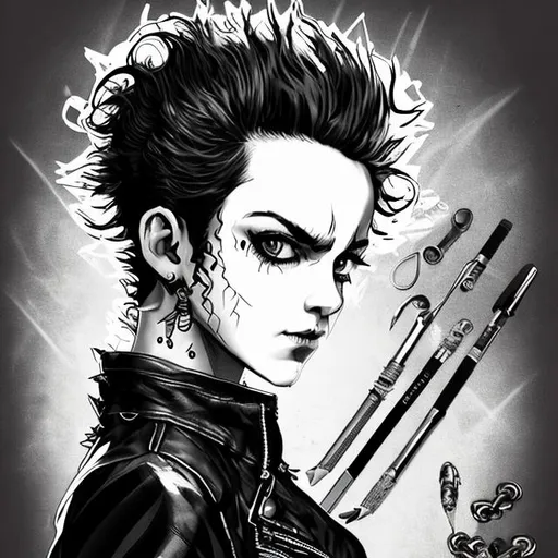 Prompt: Punk girl soft curly shaved both sides mohawk hair cover left eye head tilt front profile Kubrick stare black white and red inky pencil draw style leather jacket spikes and safety pins