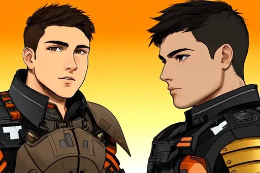 Prompt: The armored pilot has light brown eyes, short black hair, and is a young Hispanic male in his twenties. A short and stocky pilot in full red, black, gold and orange combat armor 