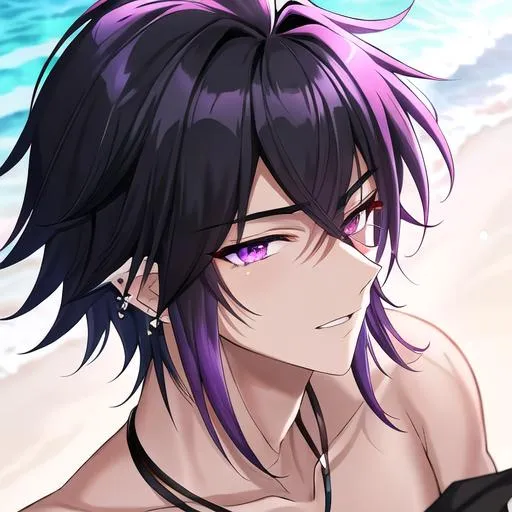 Prompt: Male young adult, 19, (Short black hair falling between the eyes, sharp and sassy purple eyes, and a feminine body), Black piercings, highly detailed face, 8K, Insane detail, best quality, UHD, highschooler, handsome, flirty, wearing swim trunks, shirtless, at the beach, side profile, close-up