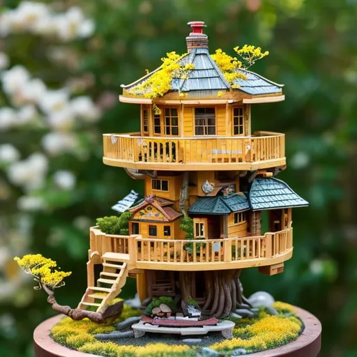 Prompt: tiny tree house with yellow cherry blossom bonsai and garden
