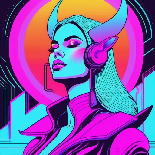 Prompt: a beautiful female demon in a dynamic pose in a retro futuristic synthwave neon paradise.  neon lighting, high quality, beautiful, masterpiece, artistic, synthwave, cyber, retro, futuristic