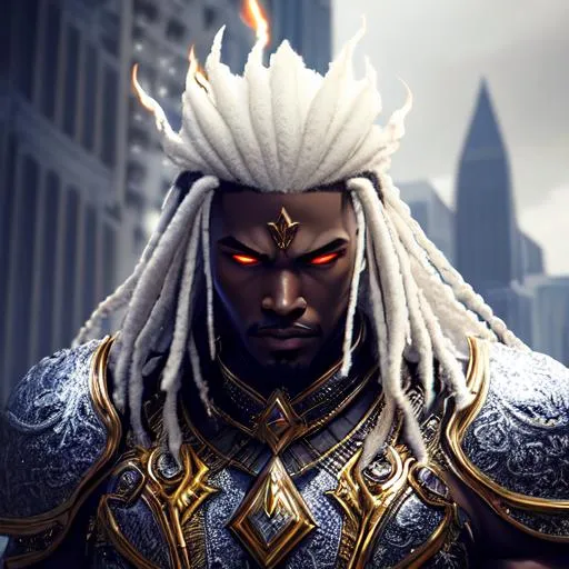 Prompt: Carnage, Highly Detailed, lightning and fire god, tall black muscular man, Hyperrealistic, sharp focus, Professional, fantasy gold armour, white dreads hair, highly detailed handsome face, UHD, HDR, 16K, Render, Album cover, electronic, dramatic, vivid, pressure, stress, nervous vibe, loud, tension, traumatic, dark, cataclysmic, violent, outdoor, fighting, Epic, heroic, protagonist, 