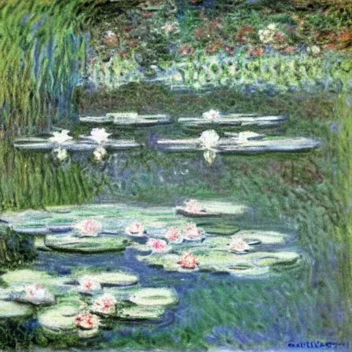 Prompt: Water Lillies black swan white swan by Claude Monet