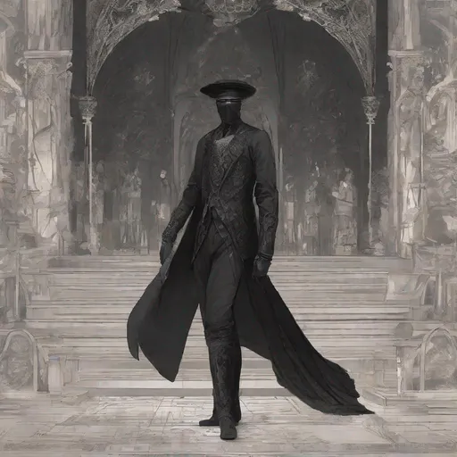 Prompt: Pre-Victorian age fantasy setting commoner suit, male, {{{{{{{Gelatinous Body}}}}}}}, Full Body Vantablack Skin, Vantablack Slime Body, {{{no facial features}}}, {no face},{{{{no eyes}}}}, fantasy setting, sketch, drawing, unhinged, creepy, living shadow,{{wielding dual heavy slim scimitar in combat stance}}, curly hair
