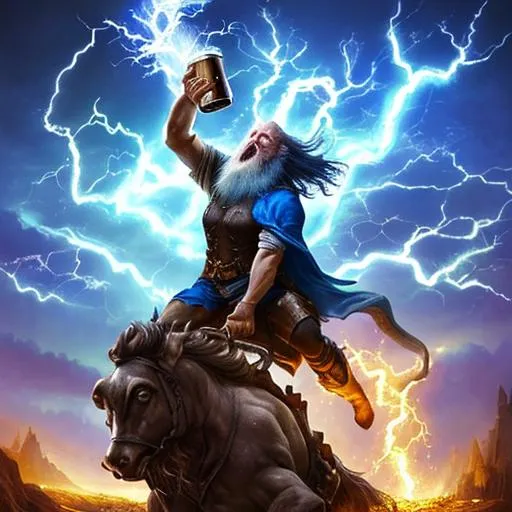 Prompt: fantasy, wizard drinking beer, magical, lightning, holding an overflowing mug, riding a steed, old, beard