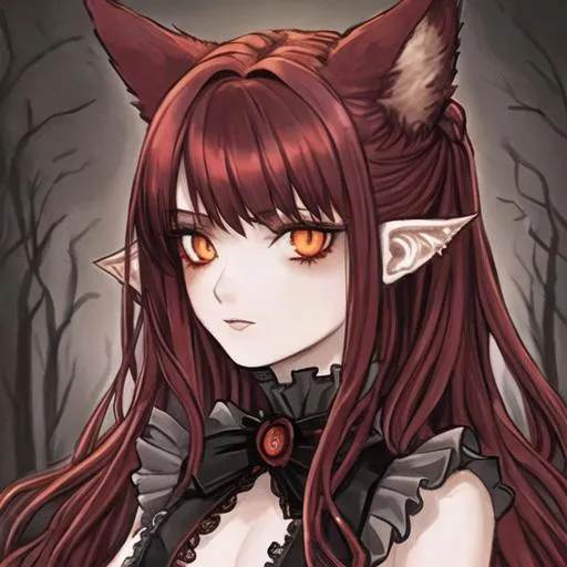 Prompt: Portrait of goth girl with red wavy hair and amber eyes, wolf ears, dark Victorian clothes, forest background 