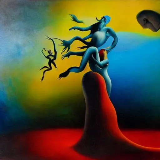 Prompt: Many Dancers emerging out of primordial soup, surreal medium,Dali-inspired, fluid movements, dreamlike, imaginative, abstract, detailed figures, surreal colors, intense lighting, oil painting, surrealism, dreamy, flowing forms, high quality, surreal, intense shadows, vibrant colors, artistic, dynamic