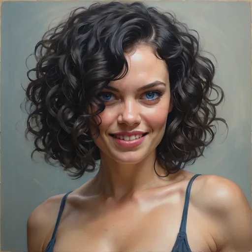 Prompt: ((impressive cleavage)) epic realistic, redshift style Beautiful naughty/smile/shy/passionate angry; black hair, wavy bob haircut, dark blue eyes, muscular, young model,  35 years old, curly black color hair, Gorgeous Gouache and Watercolor Painting by Alyssa Monks; by Gaston Bussière; by Ruan Jia; by Pino Daeni; Urban Dystopia; Hyper Realism; Nightlight; Art station; Concept Art; Smooth; Sharp Focus;, (Masterpiece:1. 3), (best quality:1. 3), , (natural skin texture, hyperrealism, soft light, muted colors), background, rutkowski, rim light 