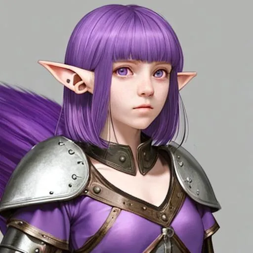 Prompt: 18 year old elf girl, short ears, with straight short shoulder length purple hair, bangs, fair skin, one purple eye, the other white. Wearing medieval armour.