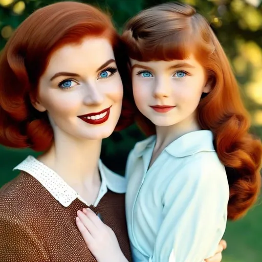 Prompt: girlwith red hair, and a one British mother in the 40 age ,brown hair,pale skin and blue eyes,1950s aesthetic