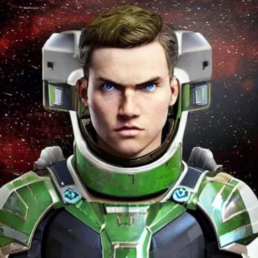 Prompt: A space soldier faces towards you. He is in his mid-20's, Caucasian, has shaved brown hair, and has a hopeful look in his eyes. He has green armor on.