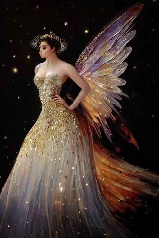 Prompt: Glossy, sparkling portrait of beautiful woman queen, with wings wearing a stunning dress Art by  jean Baptiste monge, ismail inceoglu, Melanie Delon, Sherry Akrami, Anna Dittman, Lucie Bilodeau, Laura Diehl, catrin welz-stein, Paul Delaroche, highly detailed, sharp focus, fantastic view, dreamy, Epic, celestial, sparkling, glossy, light emitting,  inner light.