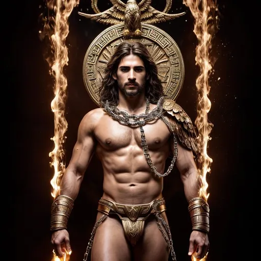 Prompt: High-resolution, highly detailed, hyper realistic {greek humankind god} [Prometheus] , uhd, hdr, 64k,  full body revealing, fire, chains, eagle
