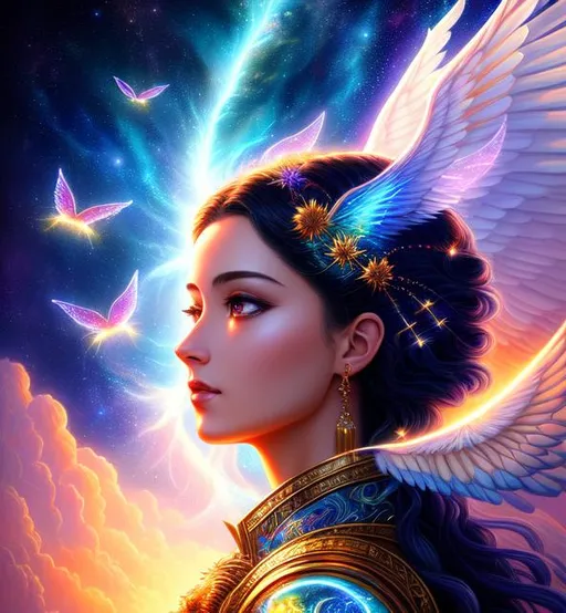 Prompt: painting of air spirit, an intricate and hyperdetailed matte painting by Ekaterina Savic, fantasy art, movie poster, celestial, vaporwave, ethereal, sunshine rays, fireflies, lighting 8k