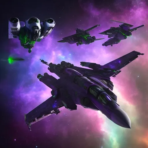 Prompt: sci fi fighter aircraft, flying, space, violet and green coloured nebula behind, photorealistic