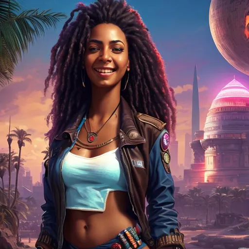 Prompt: attractive hot late-twenties african egyptian woman female, brown skin, smile, spiked hair, government uniform, tropical island, solarpunk synthwave, portrait, realistic details, photorealistic, 8k render, cinematic lighting, ultra detailed