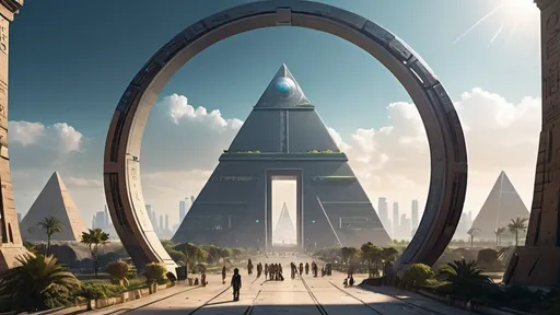 Prompt: human-scale circular portal, gateway between cities realms worlds kingdoms, ring standing on edge, freestanding ring, hieroglyphs on ring, complete ring, obelisks, pyramids, futuristic towers, garden plaza, large wide-open city plaza, off-center composition, wide vista view, futuristic cyberpunk dystopian setting