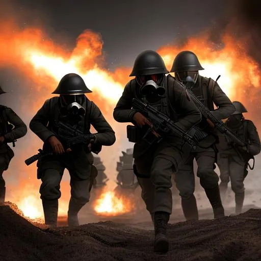 Prompt: Several mordern male black color with gas mask black coming out of the trenches, Highly Detailed, Hyperrealistic, sharp focus, Professional, UHD, HDR, 8K, Render, electronic, dramatic, vivid, pressure, stress, nervous vibe, loud, tension, traumatic, dark, cataclysmic, violent, fighting, Epic

