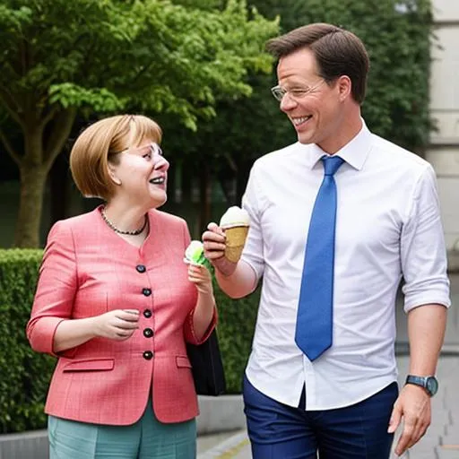 Prompt: Laughing Mark Rutte and Angela Merkel eat icecream