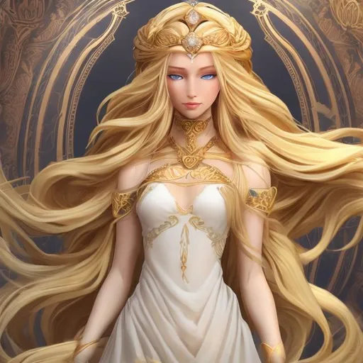 Prompt: goddess with long blonde hair. long massive dress all around her sheets lots of details.