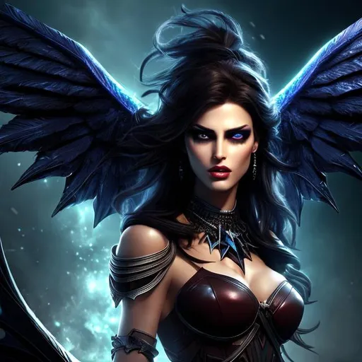 Prompt: HD 4k 3D 8k professional modeling photo hyper realistic beautiful evil twin women ethereal greek goddesses of violent death Keres
dark blue hair dark eyes one with fangs one with claws gorgeous face dark brown skin large black feathered wings full body surrounded by magic  hd landscape background bloody battlefield