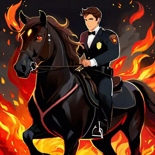 Prompt: Caleb  as a police officer (brown hair) (brown eyes) wearing a tuxedo, full body, riding a (black coated demon horse, glowing red eyes, glowing fire mane, and glowing fire tail) running through hell, rearing up on its hind legs