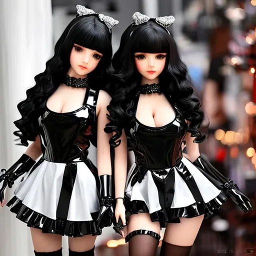 Prompt: inimage, create a realistic full view photo image of 2 ultra cute black and lustful, adult shiny rubber pleasure dolls, [doll hands], [[doll joints]], realistic faces, kissing each other, curvy bodies. First doll wearing a leather dress with thick leather body harness with long black curly hair. Second doll wearing a maids uniform with short curly red braids. Full feminine wide open mouth, full lips, wide leather choker, (natural nipples), large eyes, highly detailed, 4k, smooth, sharp focus, unreal engine 5.