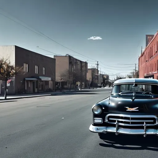 Prompt: Early tall 1950s buildings with black road 1950s chevrolet dark black cars high resolution 4k daytime nice weather light blue sky 