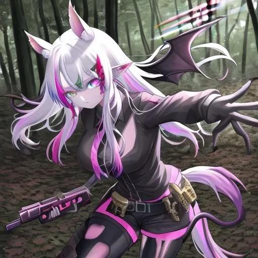 Prompt: Haley  as a demon (multi-color hair) (multi-color eyes)(she has horse ears), holding a pistol, in a gunfight, bullets flying, in the woods