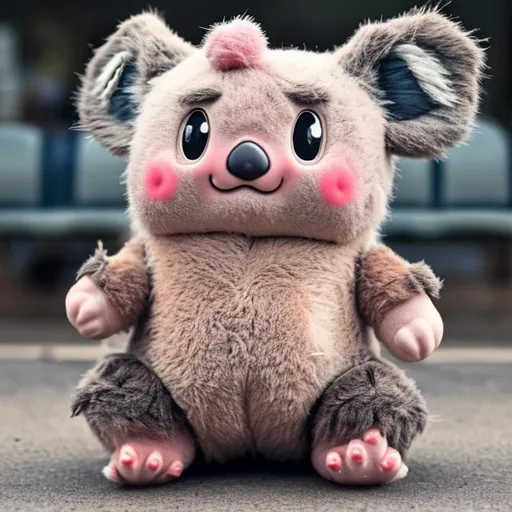 Prompt: A rugged jigglypuff with koala features who looks worn out and disheveled sitting at a bus stop 
