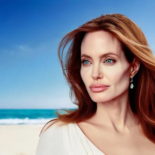 Prompt: Portrait of {Angelina Jolie} with {red} hair and with cute face, {beach}, perfect composition, hyperrealistic, super detailed, 8k, high quality, trending art, trending on artstation, sharp focus, studio photo, intricate details, highly detailed, by greg rutkowski