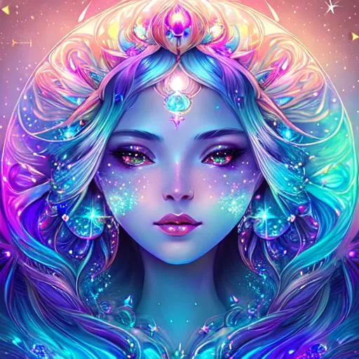 Prompt: Beautiful cosmic goddess covered in nightly glow with detailed sparkling features in the sky with illuminating moonshine, stars; colorful, gradient vibrant colors, by anna dittmann, floradriel, digital painting, extreme detail, 120k, ultra hd, hyper detailed, white, wlop, digital painting; crystal body, sensual alluring elegant sleek editorial sofisticated galactic exotic facial features, anime character, background digital painting, digital illustration, extreme detail, digital art, ultra hd, vintage photography, beautiful, tumblr aesthetic, retro vintage style, hd photography, hyperrealism, extreme long shot, telephoto lens, motion blur, wide angle lens, deep depth of field, warm, anime Character Portrait, Symmetrical, Soft Lighting, Reflective Eyes, Pixar Render, Unreal Engine Cinematic Smooth, Intricate Detail, anime Character Design, Unreal Engine, Beautiful, Tumblr Aesthetic,  Hd Photography, Hyperrealism, Beautiful Watercolor Painting, Realistic, Detailed, Painting By Olga Shvartsur, Svetlana Novikova, Fine Art