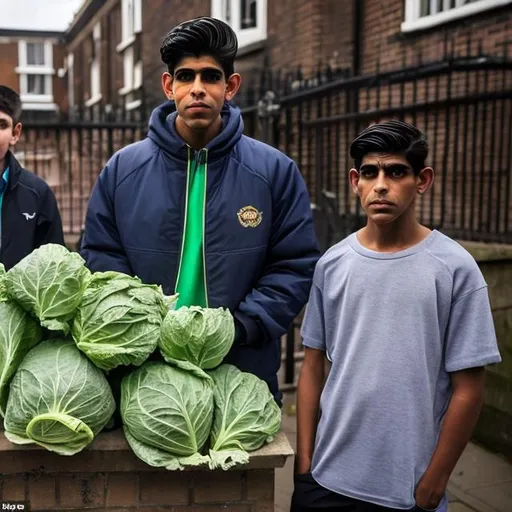 Prompt: a rat with the face of rishi sunak
and some roadmen selling cabbage on a london council estate